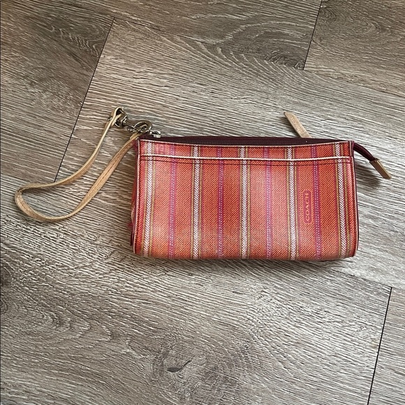 Coach Legacy Ticking  Zip  Wristlet   #49316 wallet stripe pink and orange - Picture 1 of 9